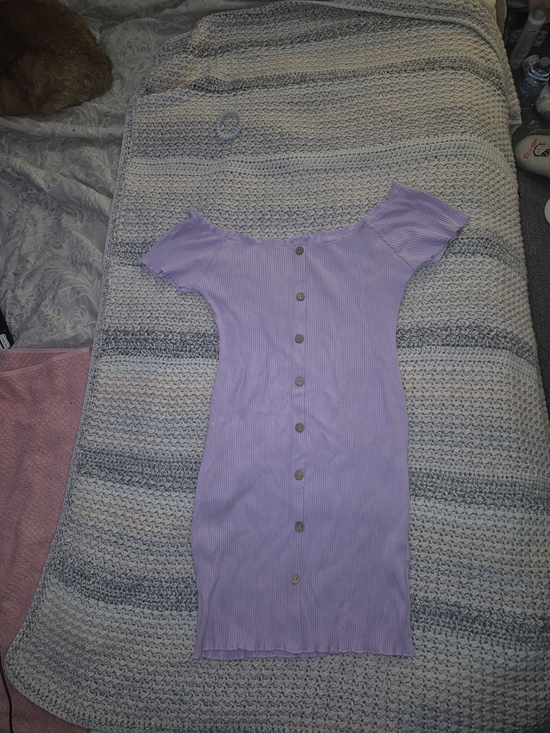 Ardene Dresses & Skirts - Lilac Ribbed Off-Shoulder Button Front Dress